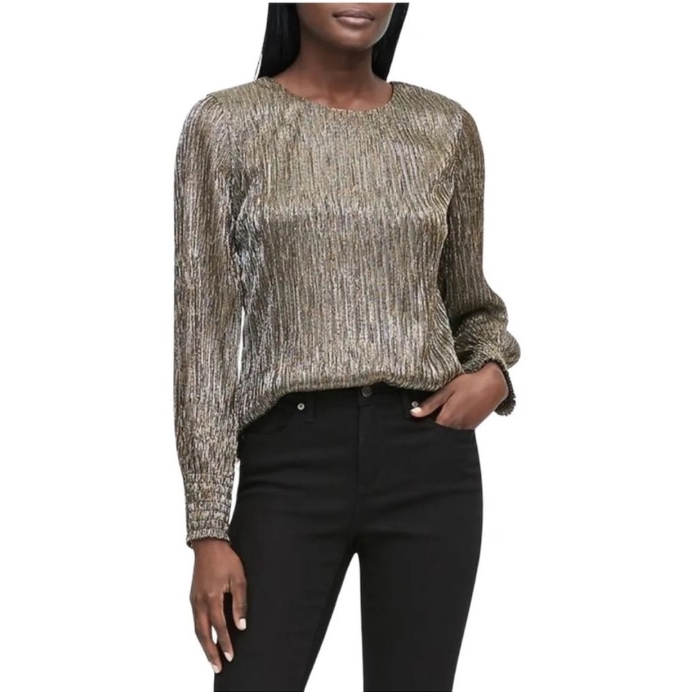NWT. Banana Republic Large Petite Gold Metallic Smocked-Sleeves Blouse.